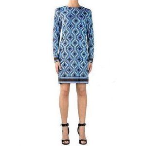 MICHAEL KORS Blue/White/Black Geometric Long Sleeve Jersey Shift Dress - Size M